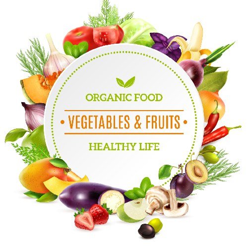 Natural organic food background with colorful bright frame contained fresh vegetables and fruits set pictured in realistic style vector illustration